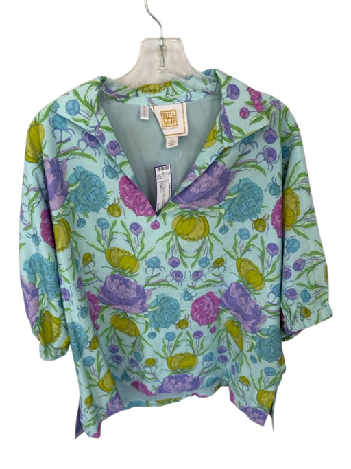 Emily McCarthy Size L Aqua & Multi Rayon Blend 3/4 Balloon Sleeve Botanical Top Aqua & Multi / L