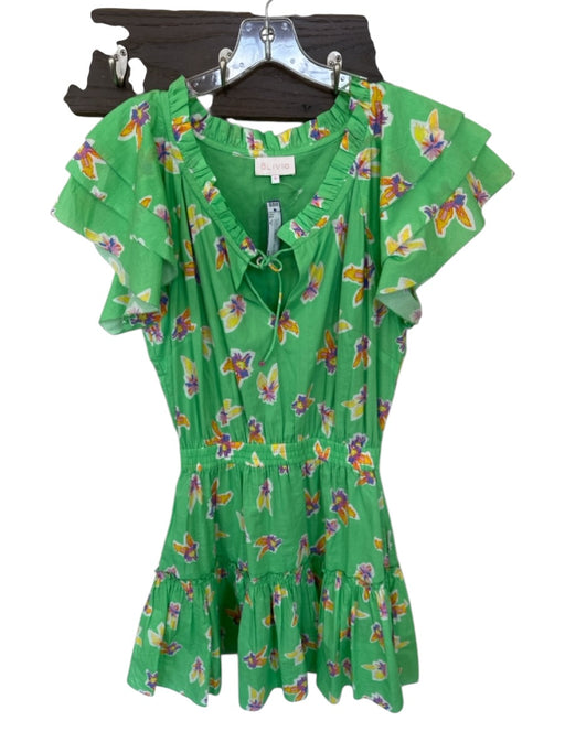 Alivia Size M Green & Yellow Cotton Short Sleeve Flowers Elastic Waist Dress Green & Yellow / M