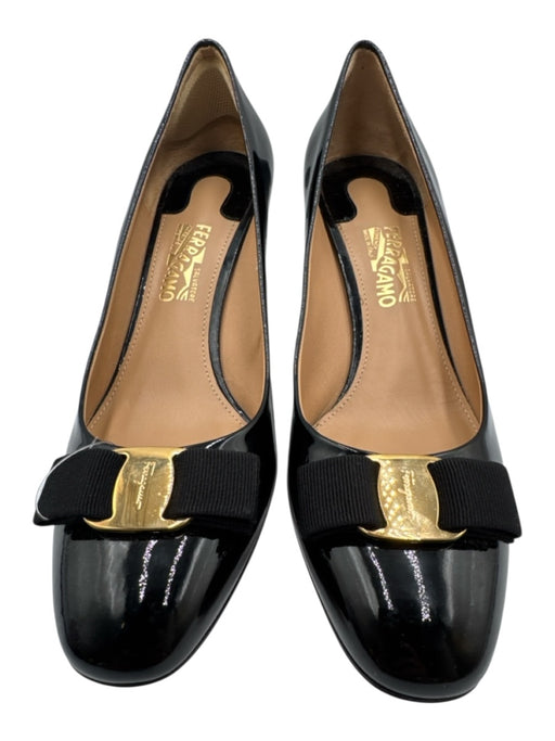 Salvatore Ferragamo Shoe Size 9.5 Black Leather Upper Patent Vara Bow Pumps Black / 9.5
