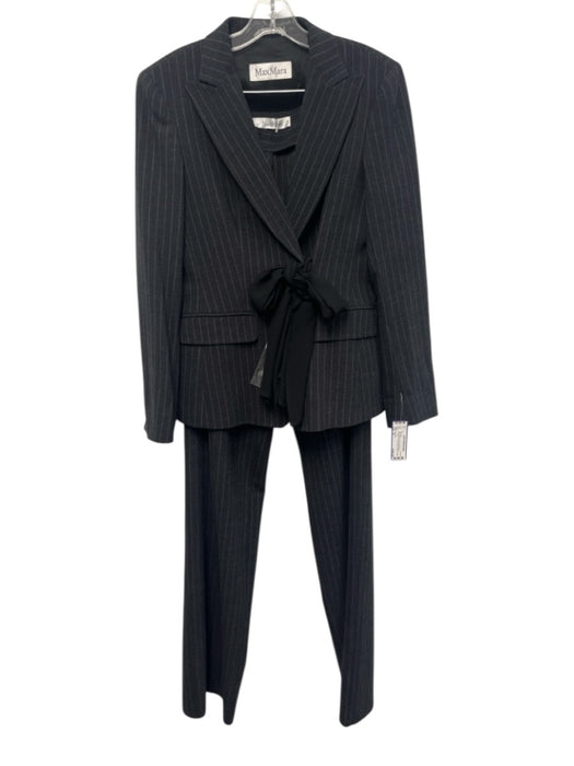 Max Mara Size 10 Black & Gray Wool Blend Pinstripe Tie Front Blazer Pant Set Black & Gray / 10