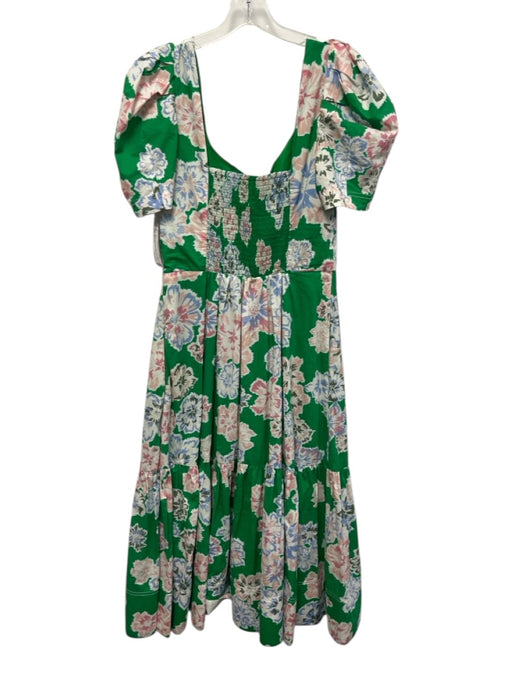 Tanya Taylor Size 6 Green, Pink, Blue Cotton Short Puff Sleeve Square Neck Dress Green, Pink, Blue / 6