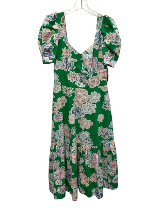 Tanya Taylor Size 6 Green, Pink, Blue Cotton Short Puff Sleeve Square Neck Dress Green, Pink, Blue / 6