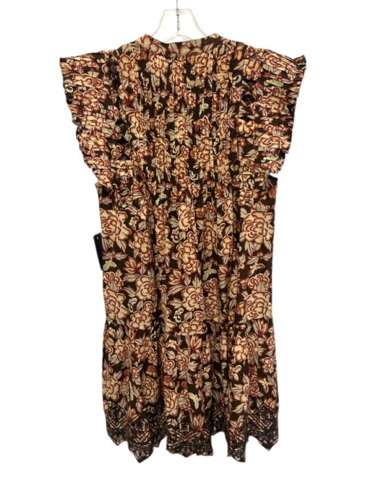 Sea New York Size M Brown, Beige & Red Cotton Floral Ruffle Cap Sleeve Dress Brown, Beige & Red / M