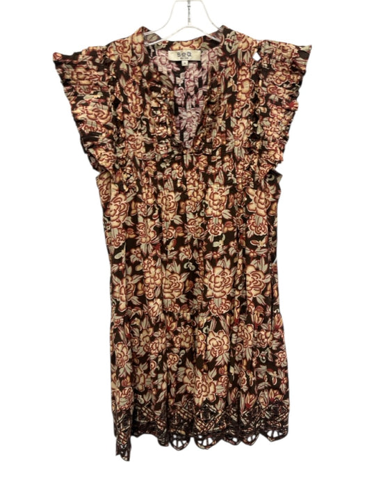 Sea New York Size M Brown, Beige & Red Cotton Floral Ruffle Cap Sleeve Dress Brown, Beige & Red / M