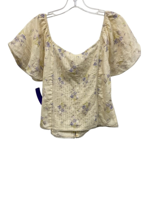Love Shack Fancy Size 12 Cream, Purple, Green Cotton Short Puff Sleeve Top Cream, Purple, Green / 12