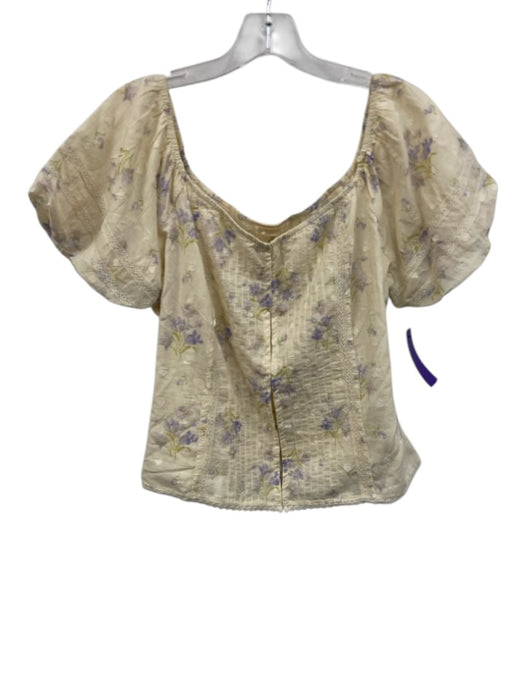 Love Shack Fancy Size 12 Cream, Purple, Green Cotton Short Puff Sleeve Top Cream, Purple, Green / 12