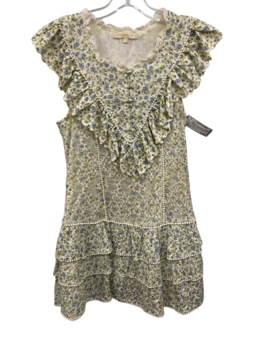 Love Shack Fancy Size 4 Green, Blue, White Cotton & Nylon Floral Print Dress Green, Blue, White / 4