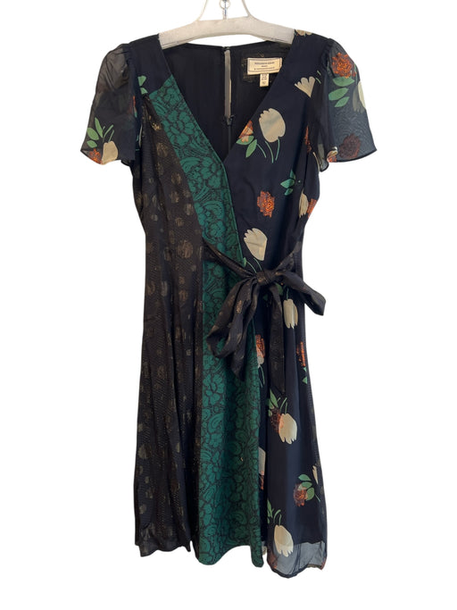 Moulinette Soeurs Size 0P Black & Green Viscose V Neck Back Zip Dress Black & Green / 0P