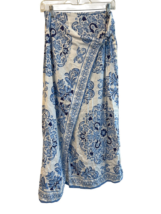 Calypso St. Barth Size S White & Blue Linen & Rayon Side Tie Elastic Waist Skirt White & Blue / S