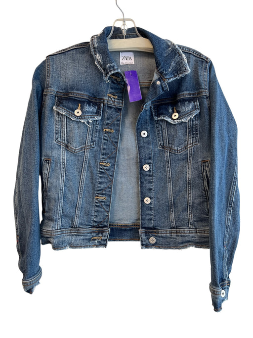 Zara Size S Blue Cotton Denim Long Sleeve Distressed Detail Button Down Jacket Blue / S