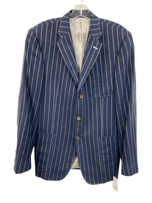 Thomas Pink Blue & Beige Wool Blend Striped Patch Pocket Men's Blazer Blue & Beige / 40