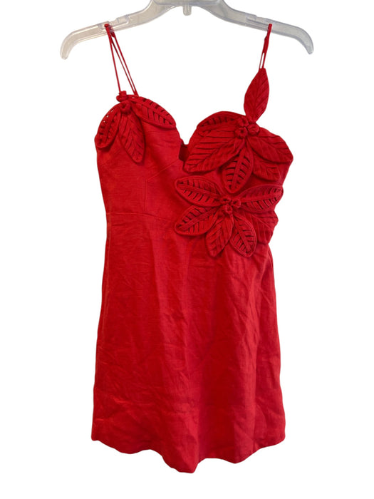 Farm Rio Size XS Red Linen Spaghetti Strap Flower Detail Back Zip V Neck Dress Red / XS
