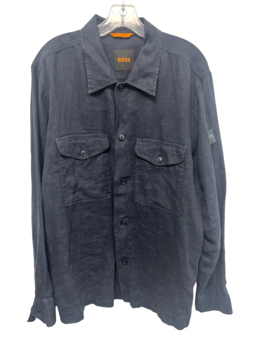 Boss Size L Navy Linen Solid Button Up front pocket Men's Long Sleeve Shirt Navy / L