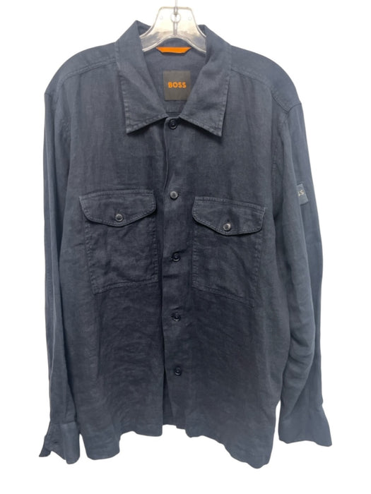 Boss Size L Navy Linen Solid Button Up front pocket Men's Long Sleeve Shirt Navy / L