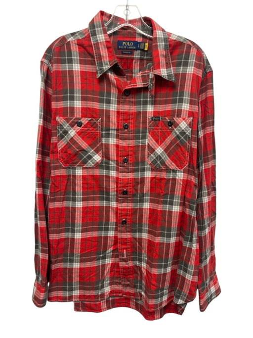 Polo Size L Red & Gray Cotton Blend Plaid Flannel Button up Long Sleeve Shirt Red & Gray / L