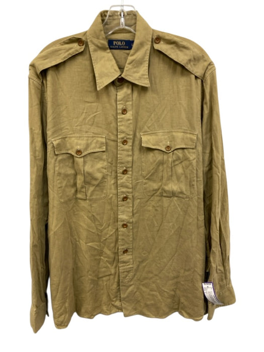 Polo Size L Tan Linen Blend Solid Button Up Shoulder Detail Long Sleeve Shirt Tan / L