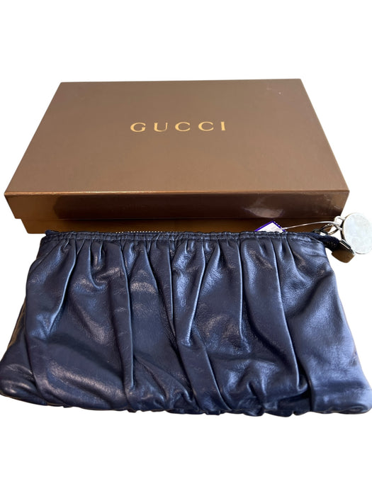 Gucci Navy Blue Leather Zip Close Pleated Detail Wristlet Bag Navy Blue / S