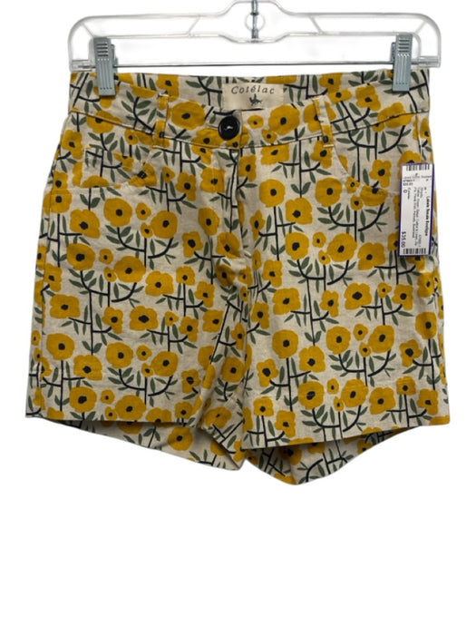Cotelac Size 0 Yellow, Green, Beige Cotton & Linen Zip Fly Floral Print Shorts Yellow, Green, Beige / 0