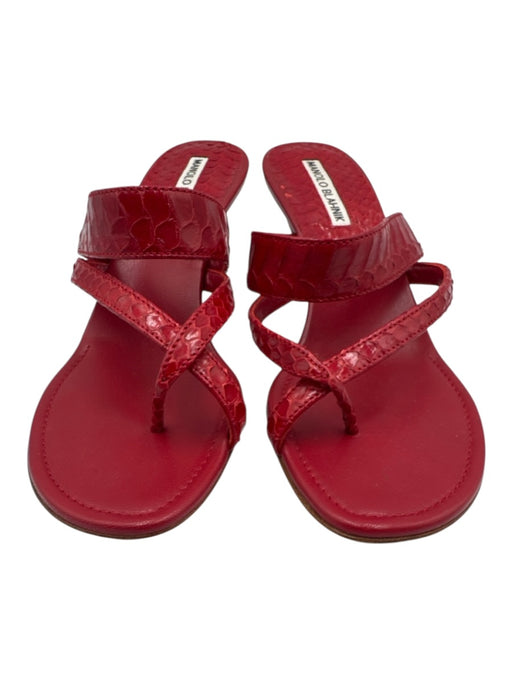Manolo Blahnik Shoe Size 37 Red Embossed Leather Low Heel Criss Cross Sandals Red / 37