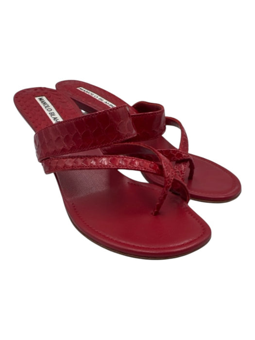 Manolo Blahnik Shoe Size 37 Red Embossed Leather Low Heel Criss Cross Sandals Red / 37