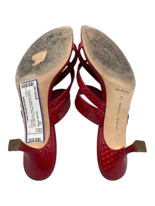 Manolo Blahnik Shoe Size 37 Red Embossed Leather Low Heel Criss Cross Sandals Red / 37