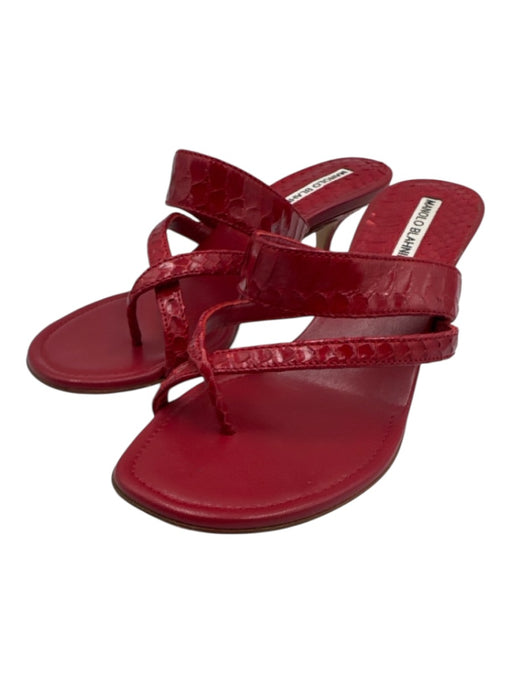 Manolo Blahnik Shoe Size 37 Red Embossed Leather Low Heel Criss Cross Sandals Red / 37