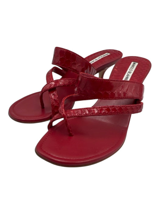 Manolo Blahnik Shoe Size 37 Red Embossed Leather Low Heel Criss Cross Sandals Red / 37