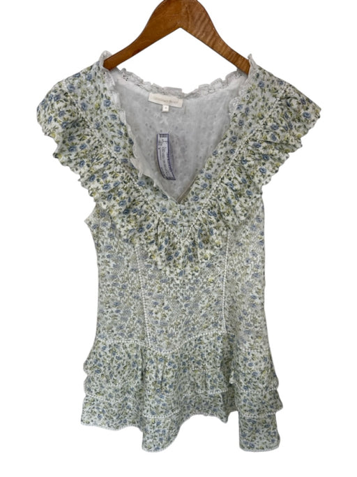 Loveshackfancy Size 8 Green & White Cotton Blend Floral Ruffles Buttons Dress Green & White / 8