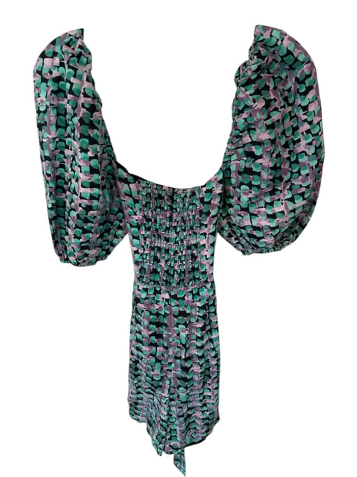 Karina Grimaldi Size M Teal & Purple Linen Balloon Sleeve Waist tie Mini Romper Teal & Purple / M