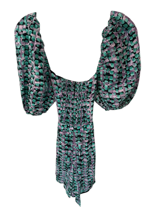 Karina Grimaldi Size M Teal & Purple Linen Balloon Sleeve Waist tie Mini Romper Teal & Purple / M