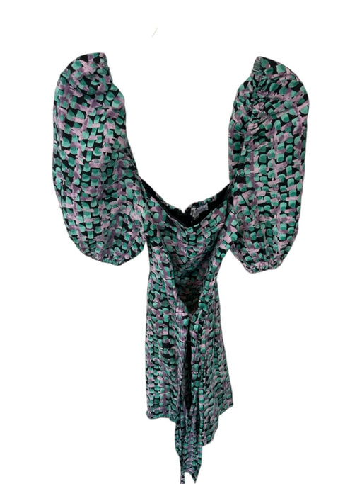 Karina Grimaldi Size M Teal & Purple Linen Balloon Sleeve Waist tie Mini Romper Teal & Purple / M