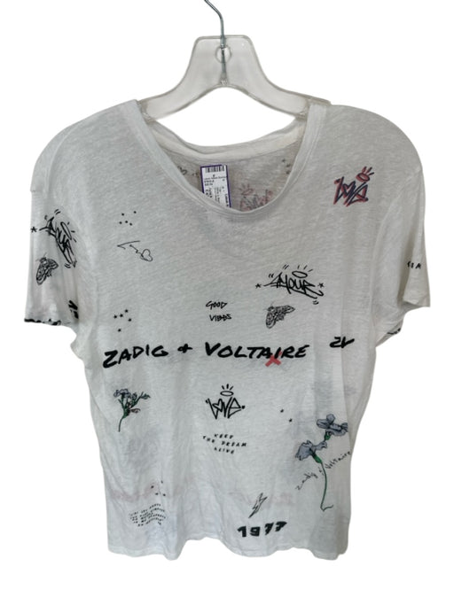 Zadig & Voltaire Size Est L White & Black Linen Blend Abstract Short Sleeve Top White & Black / Est L