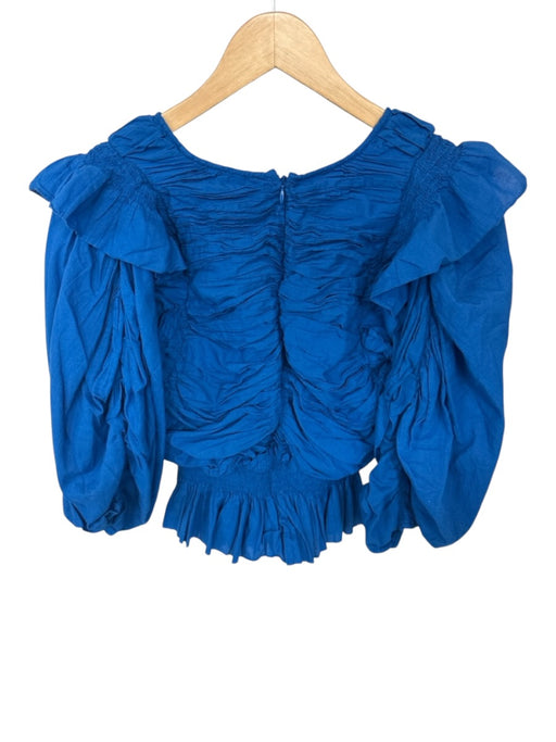 Sea New York Size M Blue Cotton Long Balloon Sleeve Drawstring front Peplum Top Blue / M