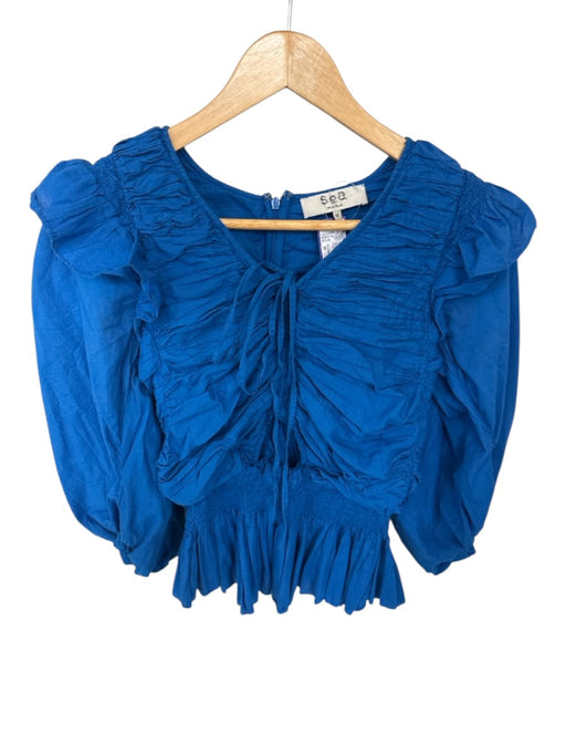 Sea New York Size M Blue Cotton Long Balloon Sleeve Drawstring front Peplum Top Blue / M