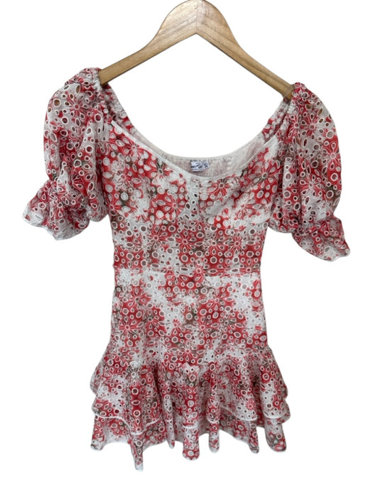 Charo Ruiz Ibiza Size XS Orange & White Cotton Short Balloon Sleeve Eyelet Dress Orange & White / XS