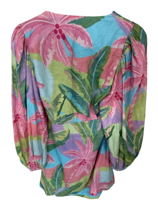 Farm Rio Size S Pink & blue Linen Blend Long Balloon Sleeve Palm Trees Dress Pink & blue / S