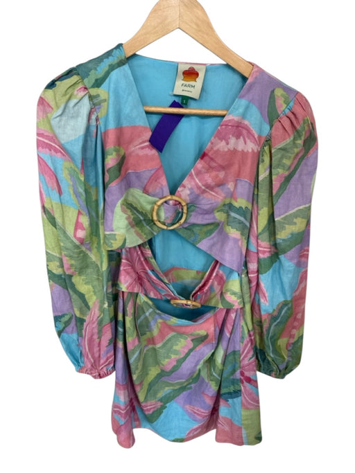 Farm Rio Size S Pink & blue Linen Blend Long Balloon Sleeve Palm Trees Dress Pink & blue / S