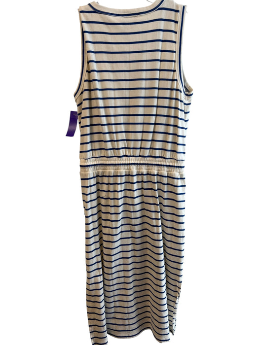 Evereve Size Medium Cream & Blue Cotton Blend Striped V Neck Sleeveless Dress Cream & Blue / Medium