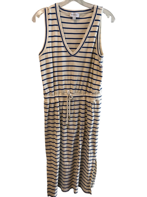Evereve Size Medium Cream & Blue Cotton Blend Striped V Neck Sleeveless Dress Cream & Blue / Medium
