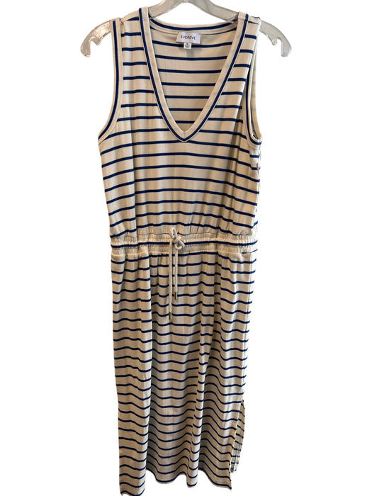 Evereve Size Medium Cream & Blue Cotton Blend Striped V Neck Sleeveless Dress Cream & Blue / Medium