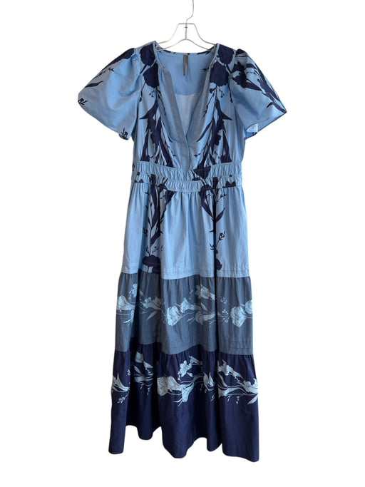 Anthropologie Size Small Blue & Navy No Fabric Tag Short Sleeve V Neck Dress Blue & Navy / Small