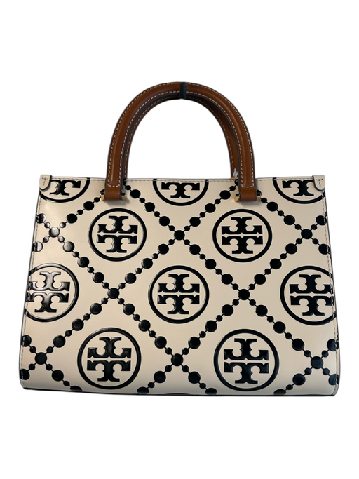 Tory Burch Cream & Black Embossed Leather Monogram Magnetic Close 2 handles Bag Cream & Black / Small