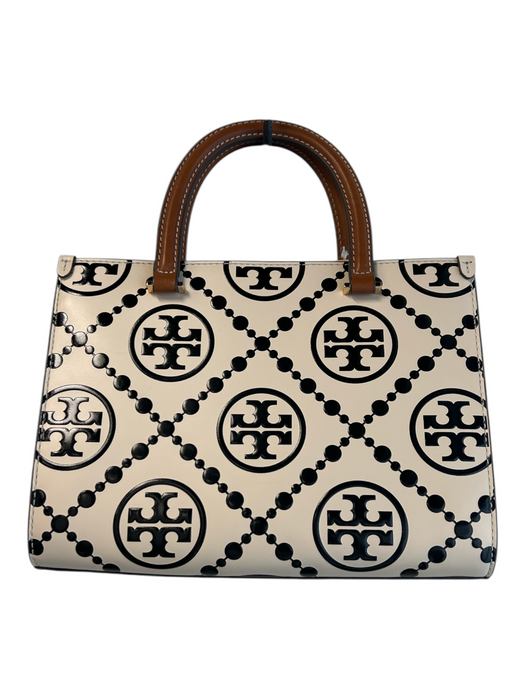 Tory Burch Cream & Black Embossed Leather Monogram Magnetic Close 2 handles Bag Cream & Black / Small