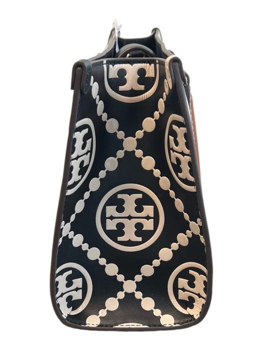 Tory Burch Cream & Black Embossed Leather Monogram Magnetic Close 2 handles Bag Cream & Black / Small