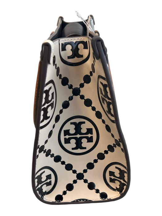 Tory Burch Cream & Black Embossed Leather Monogram Magnetic Close 2 handles Bag Cream & Black / Small