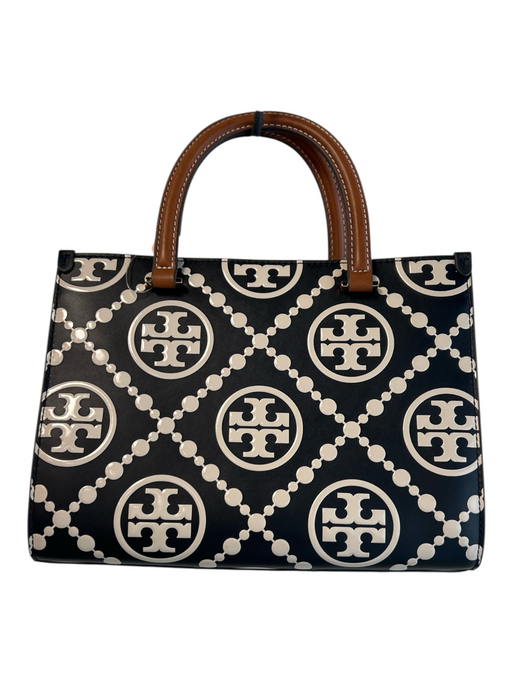 Tory Burch Cream & Black Embossed Leather Monogram Magnetic Close 2 handles Bag Cream & Black / Small
