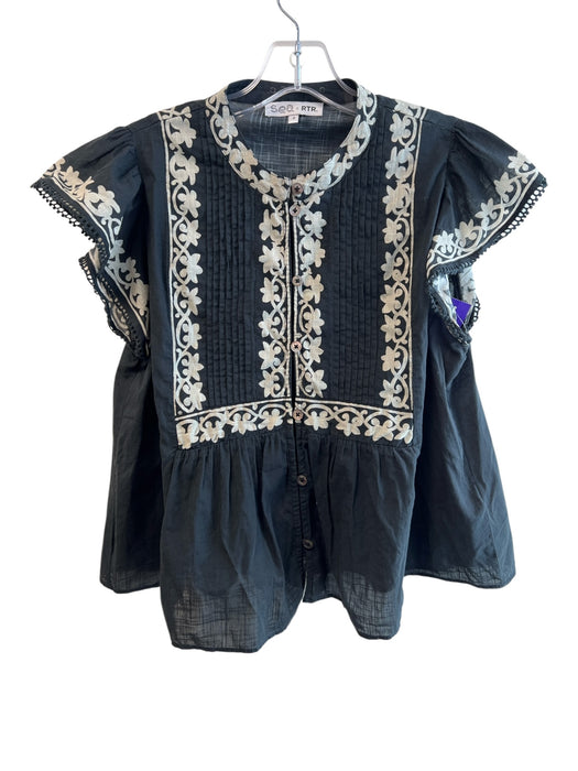 Sea x RTR. Size Small Black & Gray Cotton Button Down Ruffle Sleeveless Top Black & Gray / Small