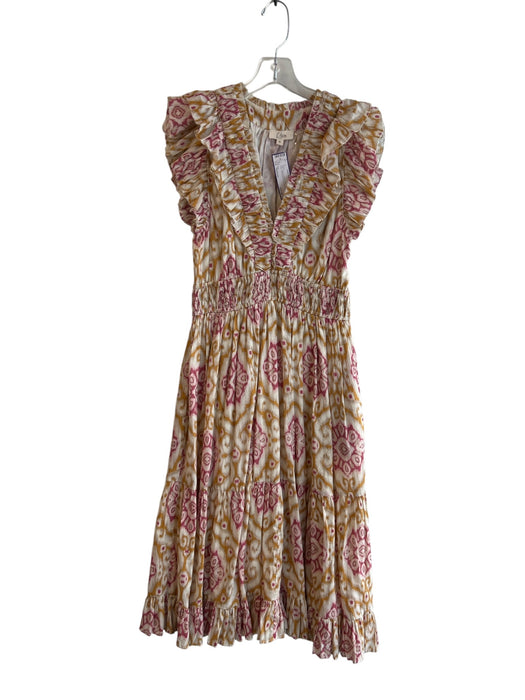 Elan Size Medium Pink, Yellow & White Cotton Side Zip V Neck Lined Dress Pink, Yellow & White / Medium