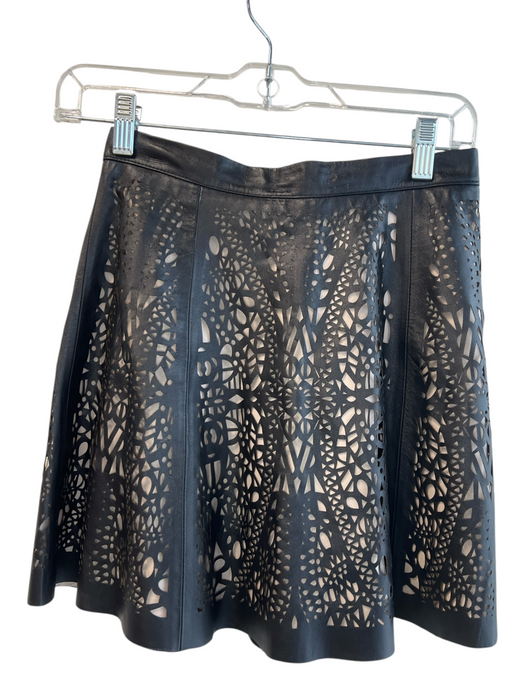 Parker Size 0 Black Leather & Polyester Back Zip Cut Out Lined Knee length Skirt Black / 0