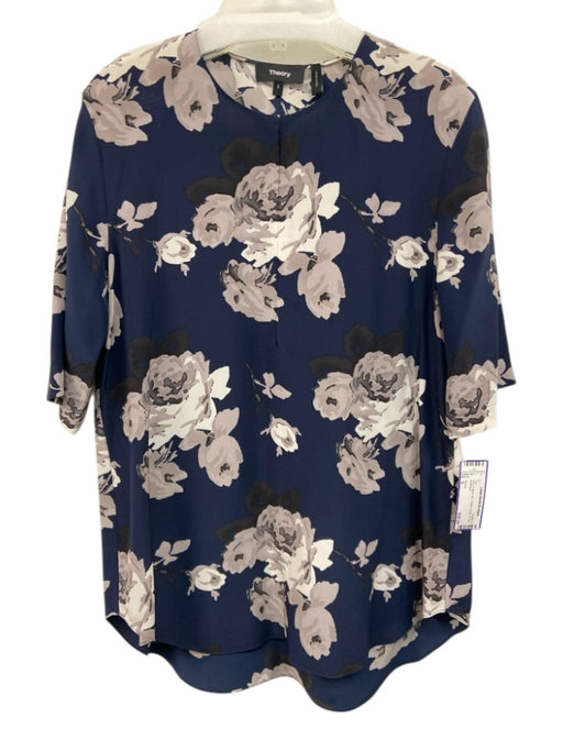 Theory Size S Navy & Multi Silk V Neck Floral 1/2 Arm Top Navy & Multi / S